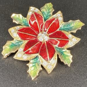 Vibrant Enamel Poinsitta Flower Brooch Pin Sparkle Glitter Red Holiday